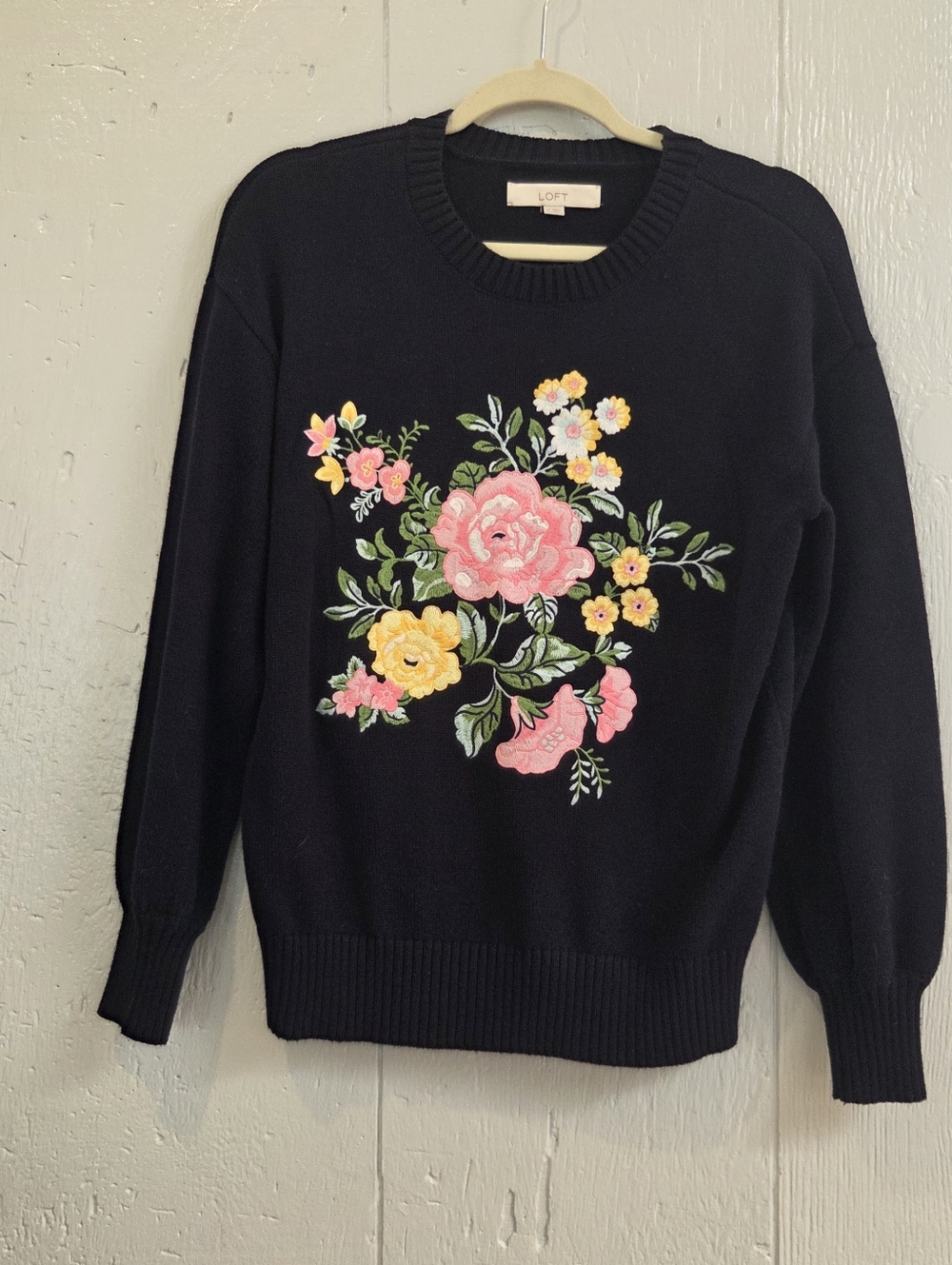 LOFT Blue Crewneck Sweater with Pink & Yellow Floral Embroidery